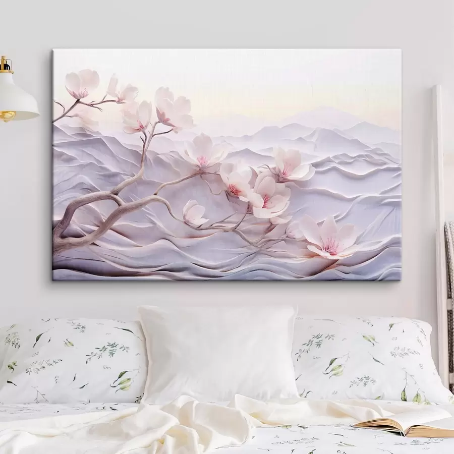 murales Rama florecida con flores rosas, montañas al fondo, suaves colores pastel, arte japonés con textura s44930