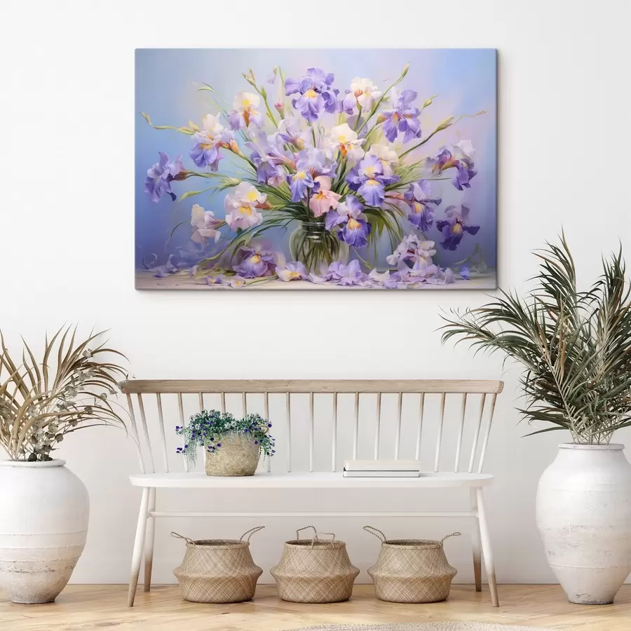 wall murals A vase with many pastel irises, some petals scattered on the table, soft pastel background with blue and pink tones s44933