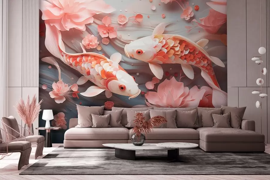 peintures murales De délicats poissons aux écailles dimensionnelles nagent dans un flux de pétales et de tons roses doux w09237