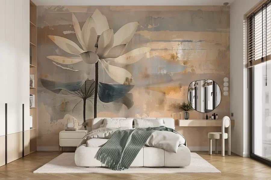 Wall Mural Photo Wallpaper Imitation of a watercolor lotus against an abstract brushstroke background w09244