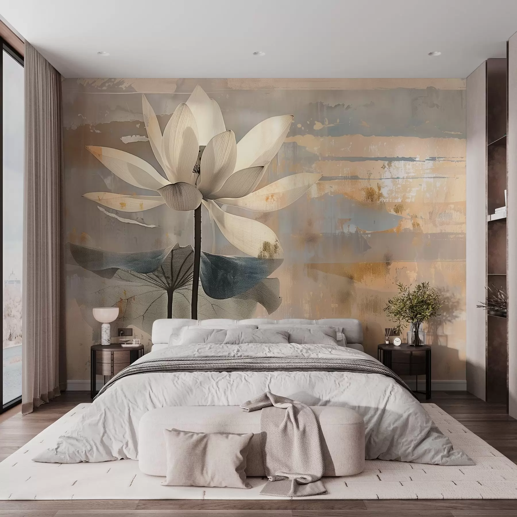 peintures murales Imitation d'un lotus aquarelle sur un fond abstrait de coups de pinceau w09244