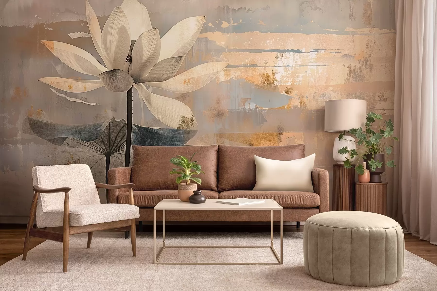 Wall Mural Photo Wallpaper Imitation of a watercolor lotus against an abstract brushstroke background w09244