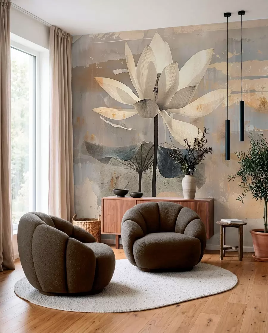 Wall Mural Photo Wallpaper Imitation of a watercolor lotus against an abstract brushstroke background w09244