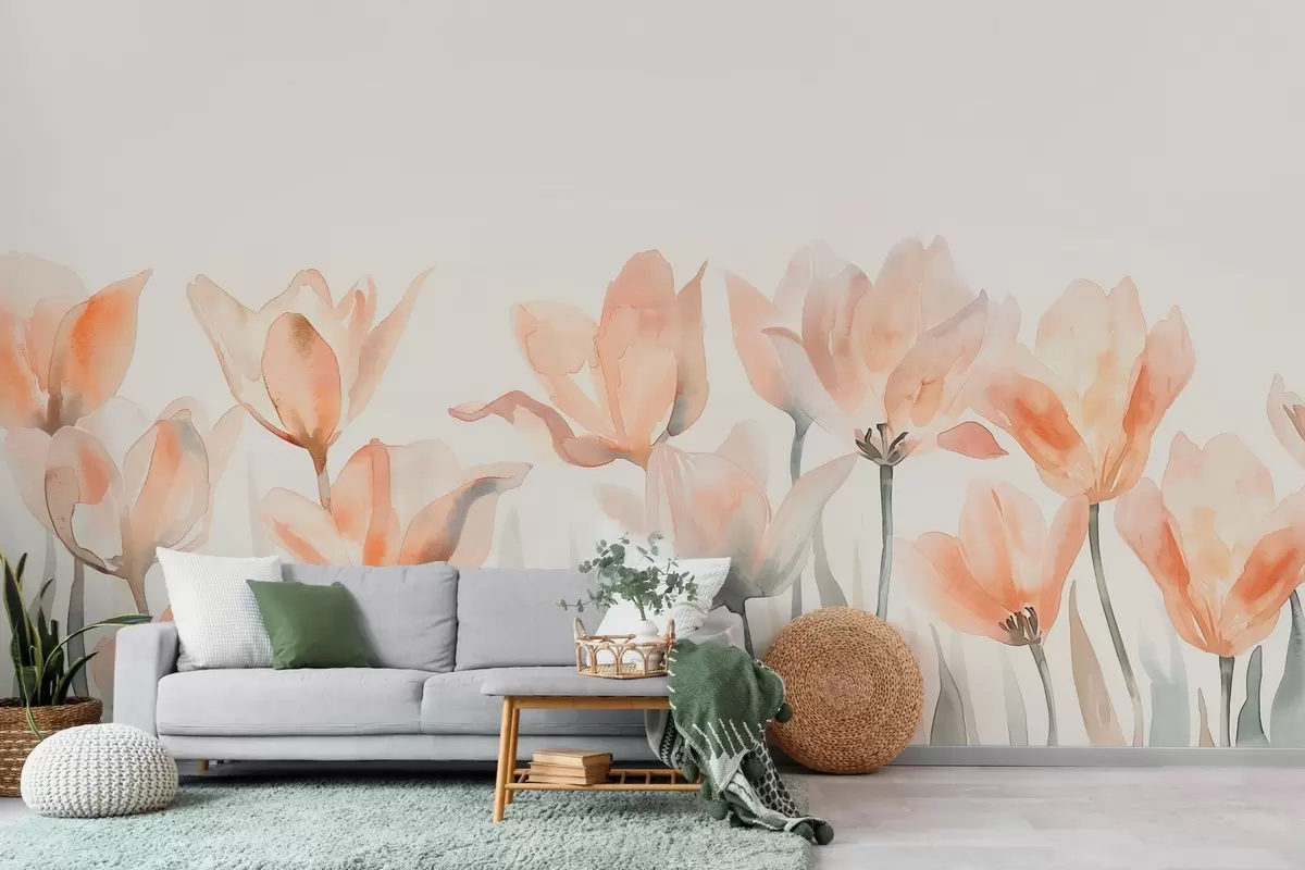 Wall Mural Photo Wallpaper fresh watercolor tulips growing from below w04204