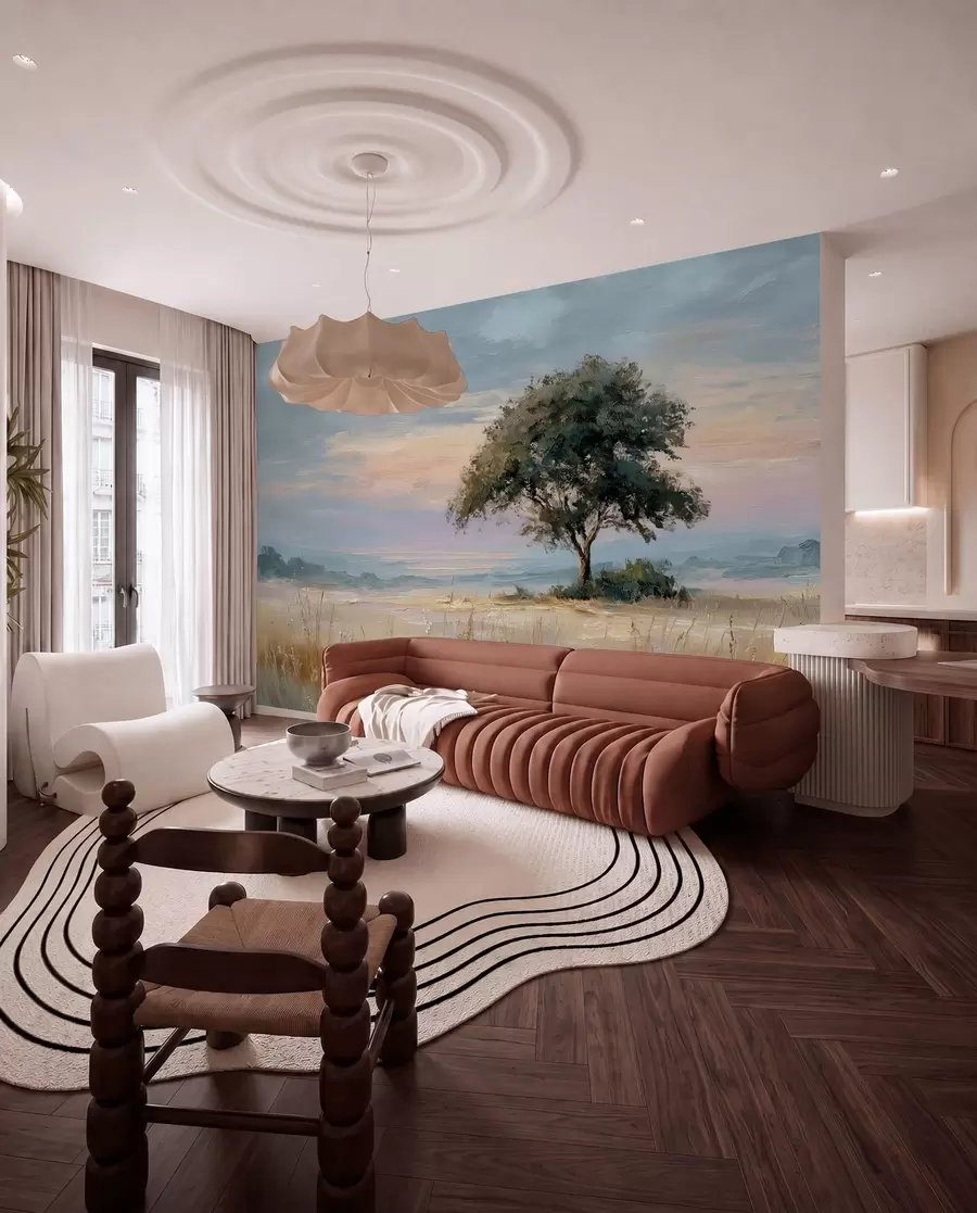 wall murals tree in the middle of a field in the style of oil painting w04206