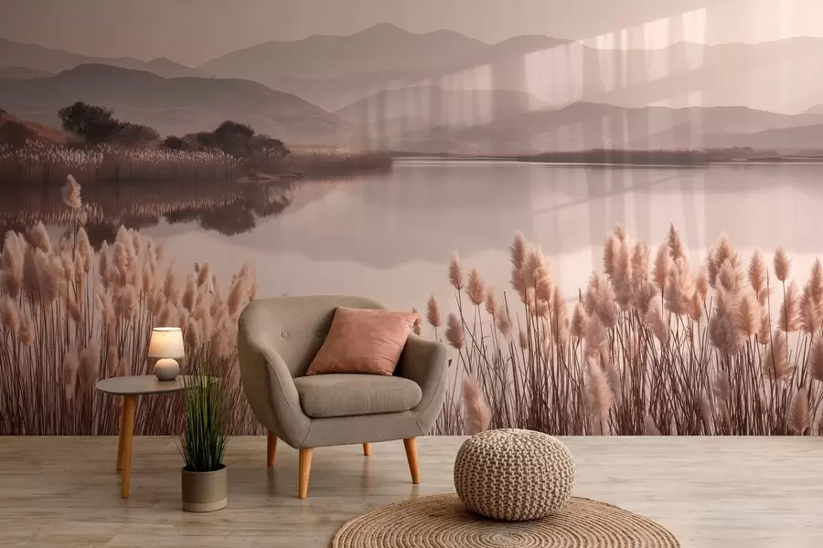 peintures murales vue du lac avec des roseaux w04207