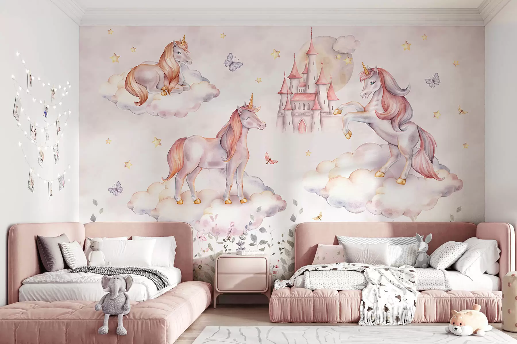 wall murals Unicorns in the clouds with stars, butterflies and flowers w04165