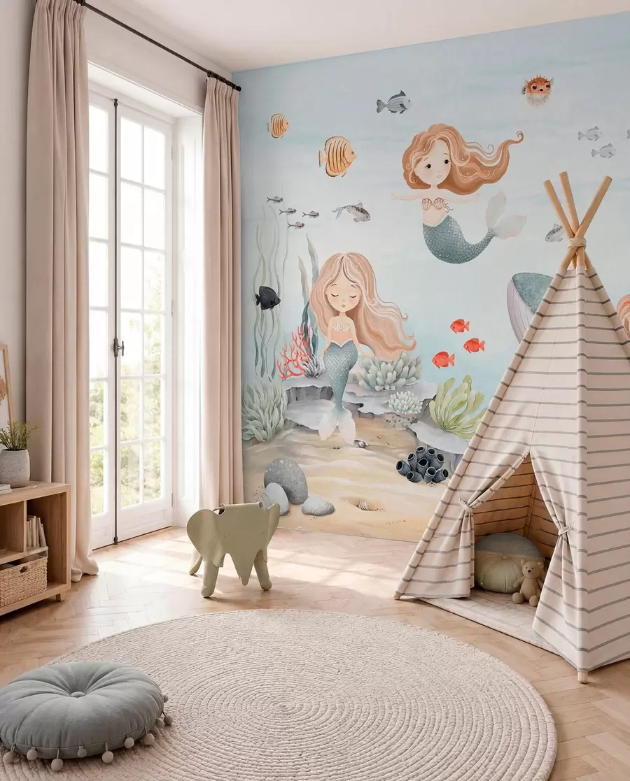 wall murals Underwater world with mermaids and fishes w04166