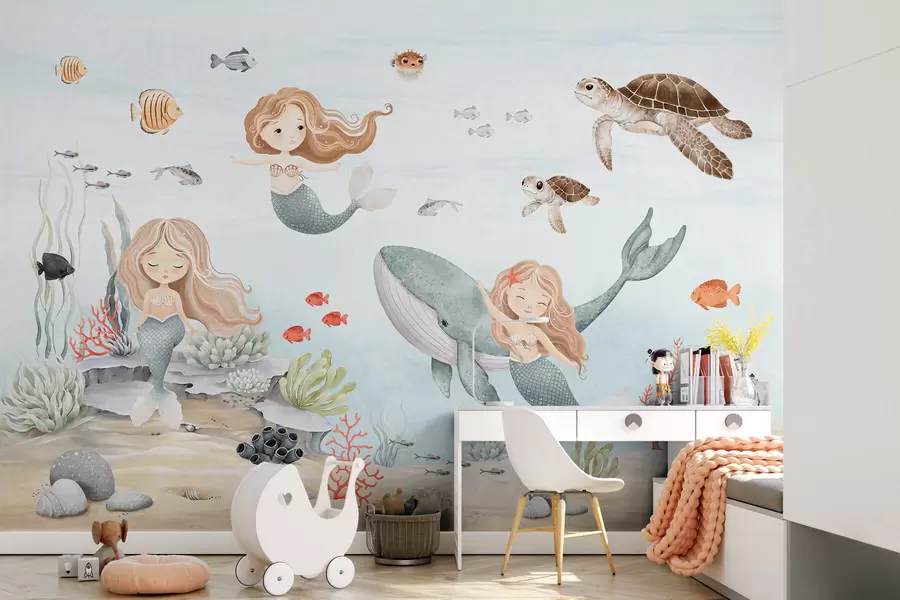 wall murals Underwater world with mermaids and fishes w04166