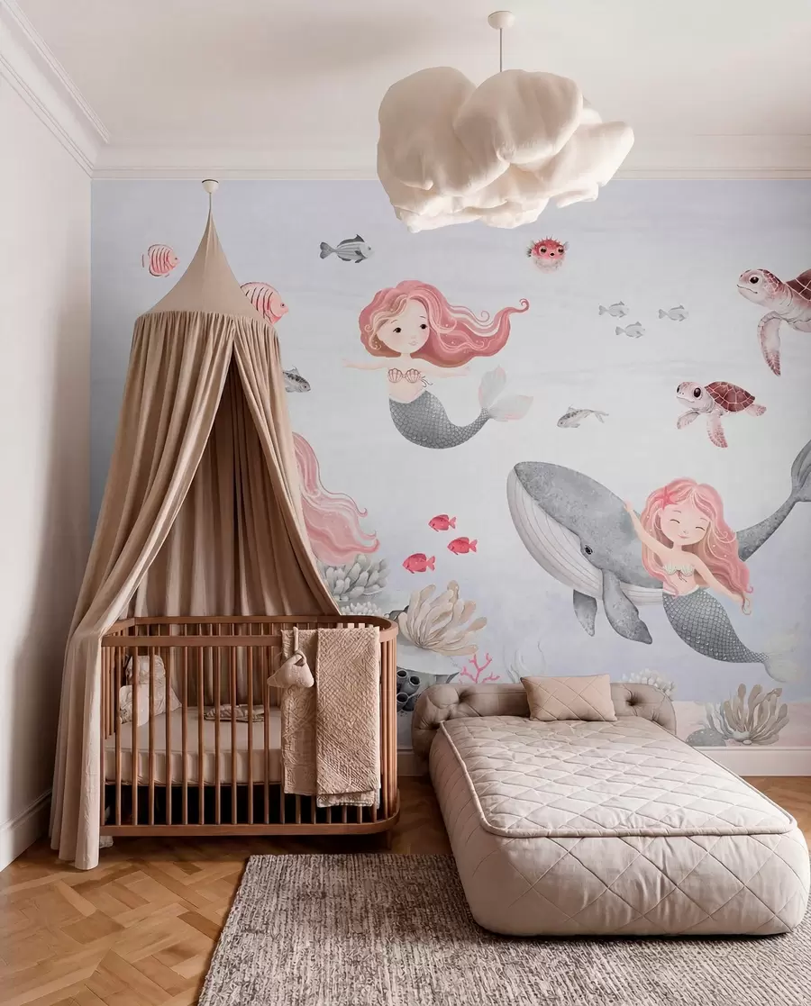 wall murals Underwater world with mermaids and fishes w04166v1
