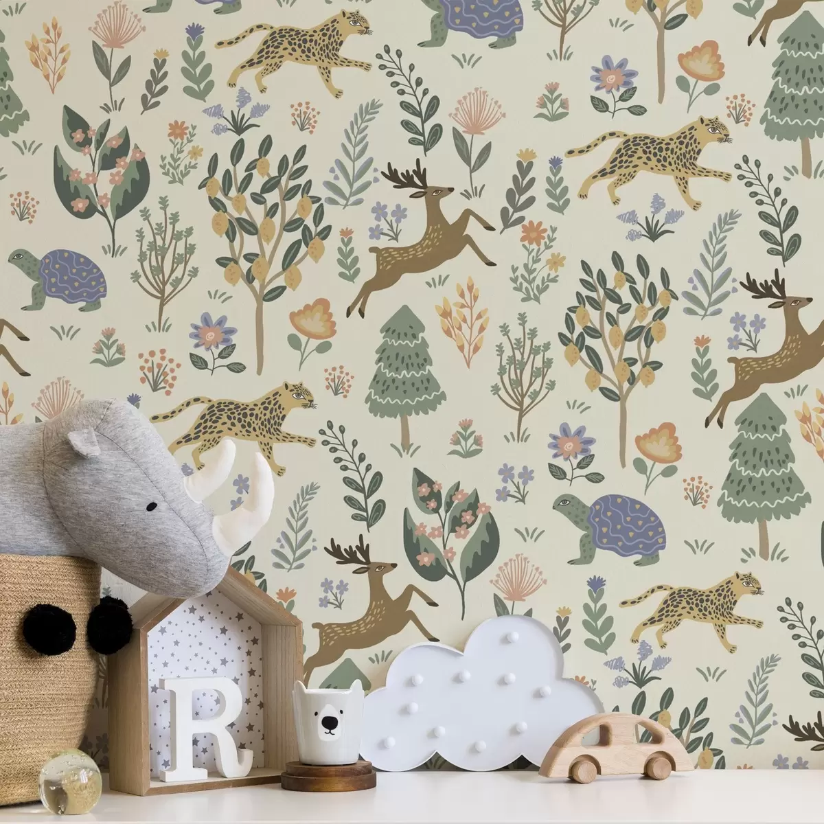 Wallpaper Retro illustration with leopards, trees and deer a00184