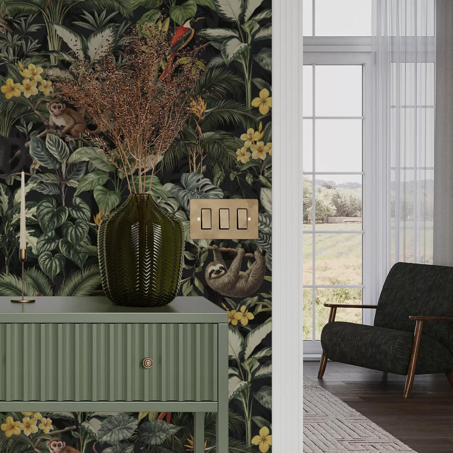 wall murals Tropical jungle with monkeys, birds and dense foliage a00191