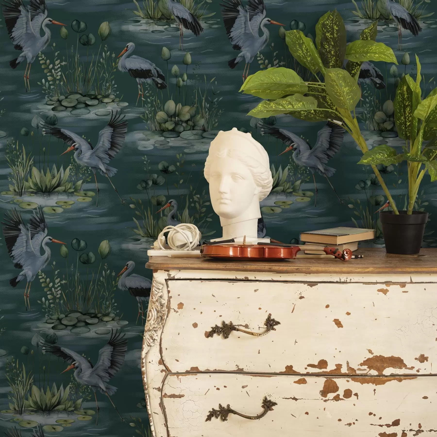 peintures murales Scènes avec des hérons sur fond d'étangs et de nénuphars a00202