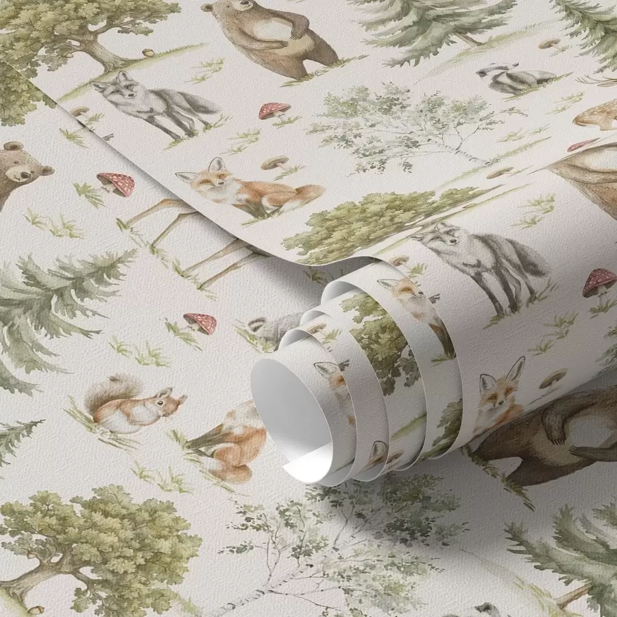 Wall Mural Photo Wallpaper Forest animals in soft watercolor style, trees and mushrooms a00212