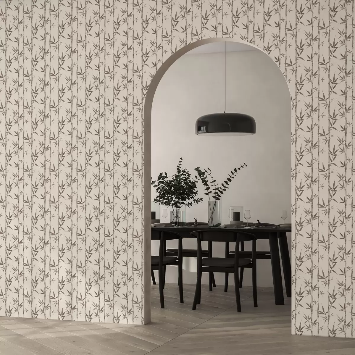 Wallpaper Beige bamboo pattern with Japanese-style leaves a00236