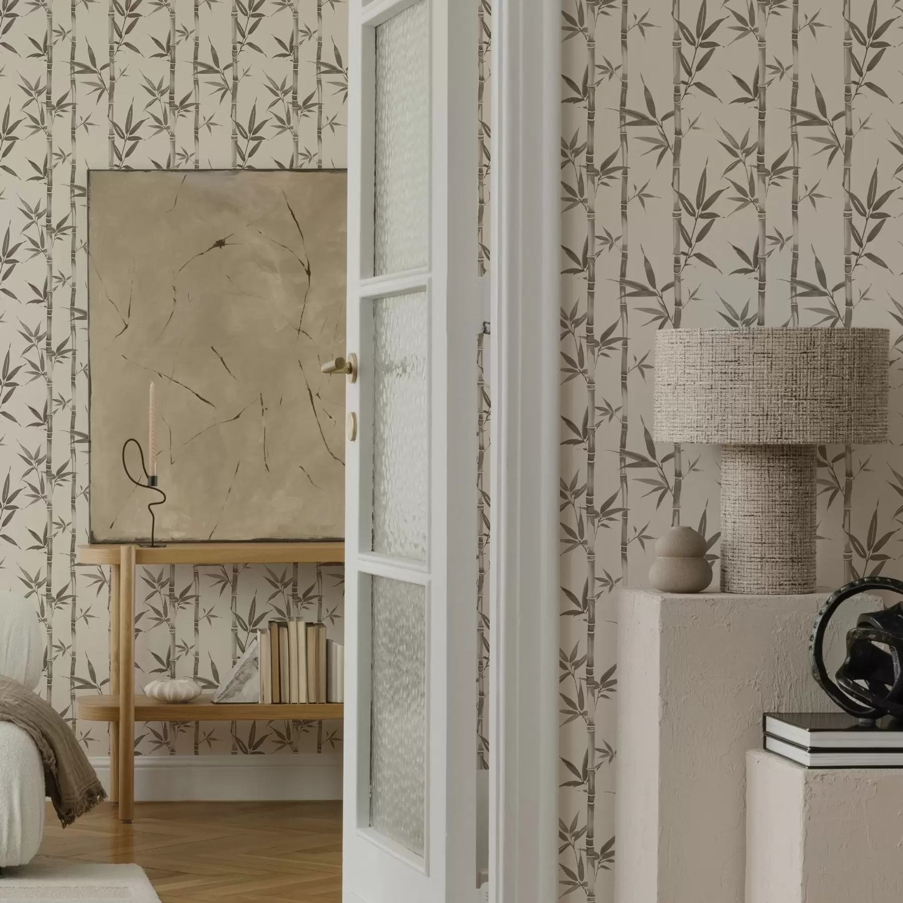 murales Estampado de bambú beige con hojas de estilo japonés a00236