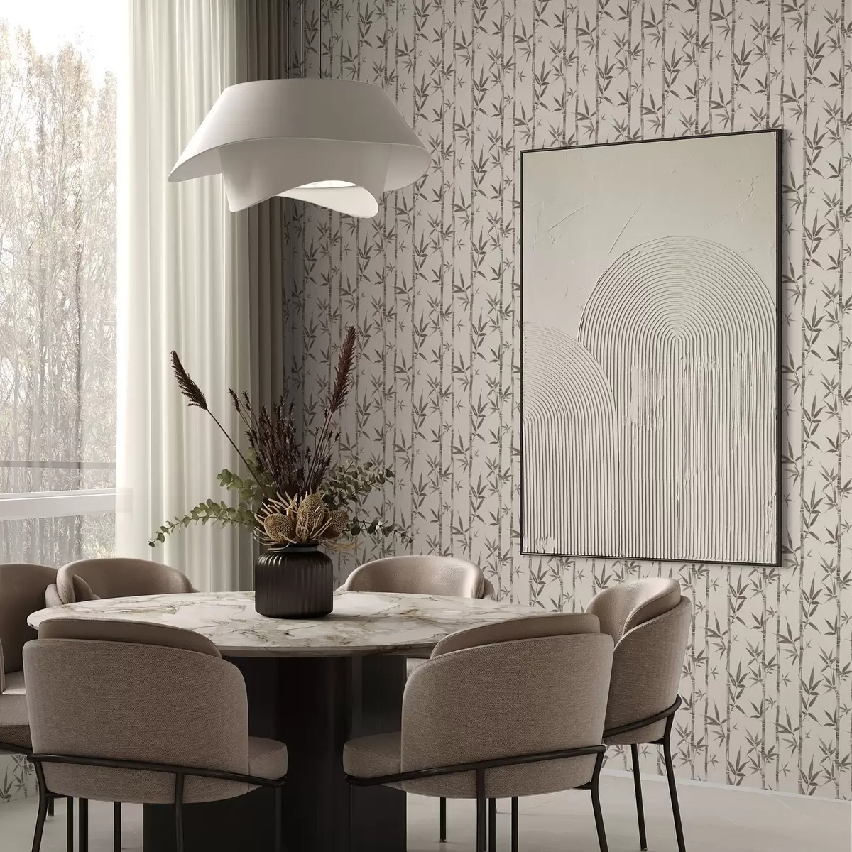 Wallpaper Beige bamboo pattern with Japanese-style leaves a00236