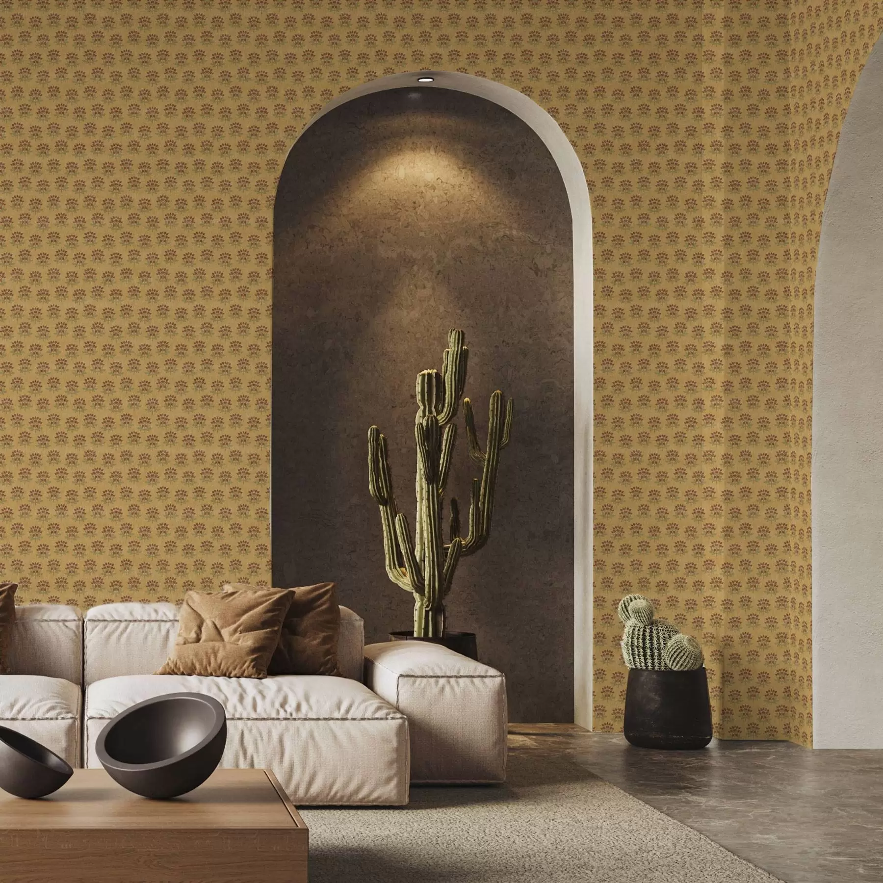 peintures murales Motif floral rétro avec lotus sur fond jaune a00238