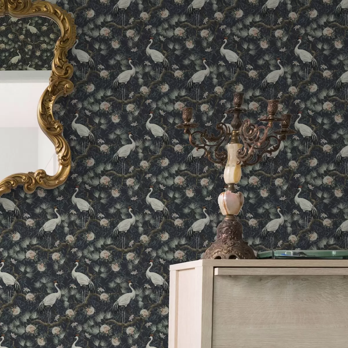 Wallpaper Cranes among pines and peonies on a dark background a00241