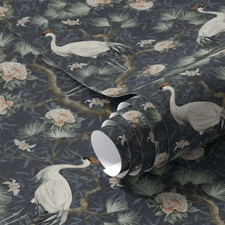 Wall Mural Photo Wallpaper Cranes among pines and peonies on a dark background a00241