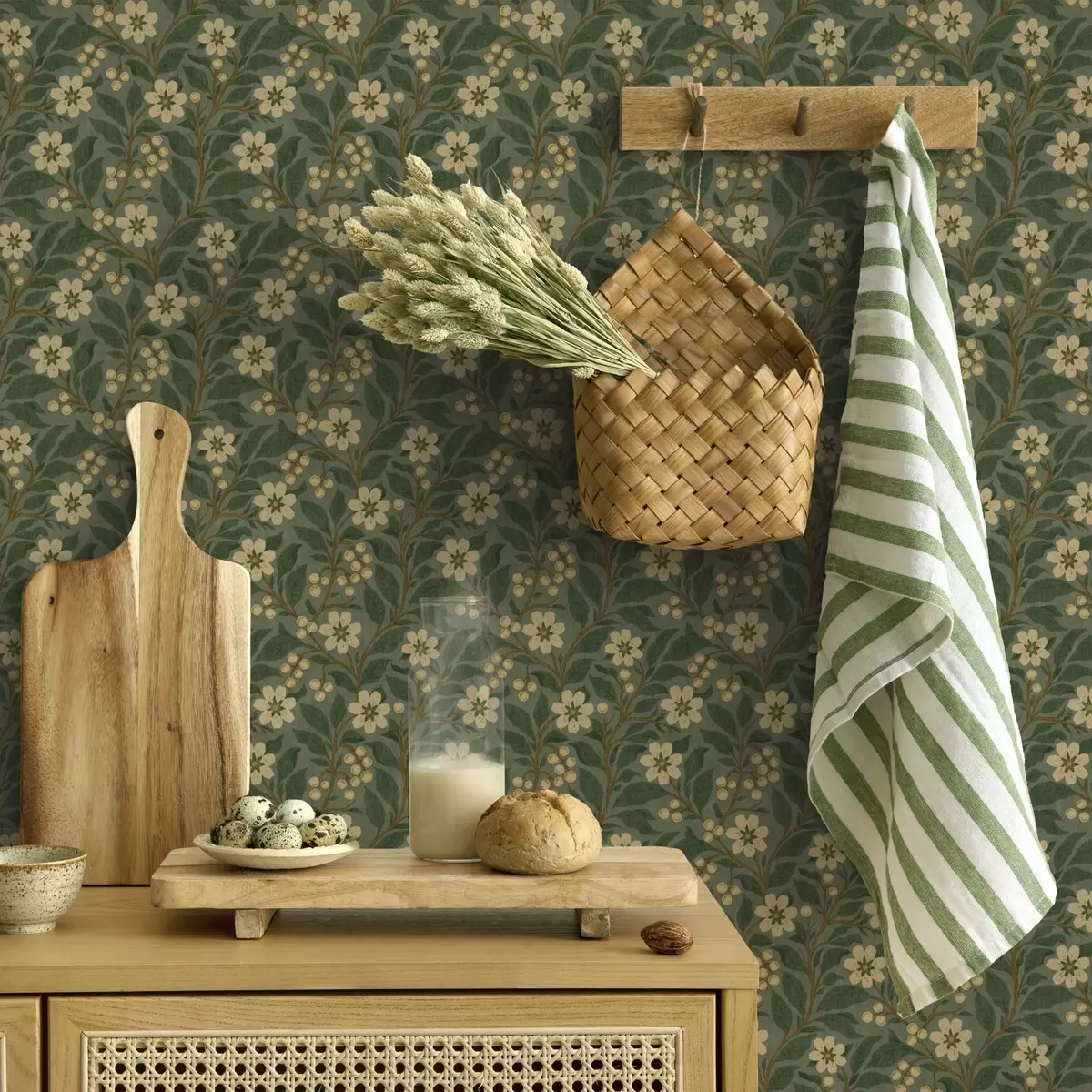 Papel pintado Flores amarillas y bayas sobre fondo verde a00242