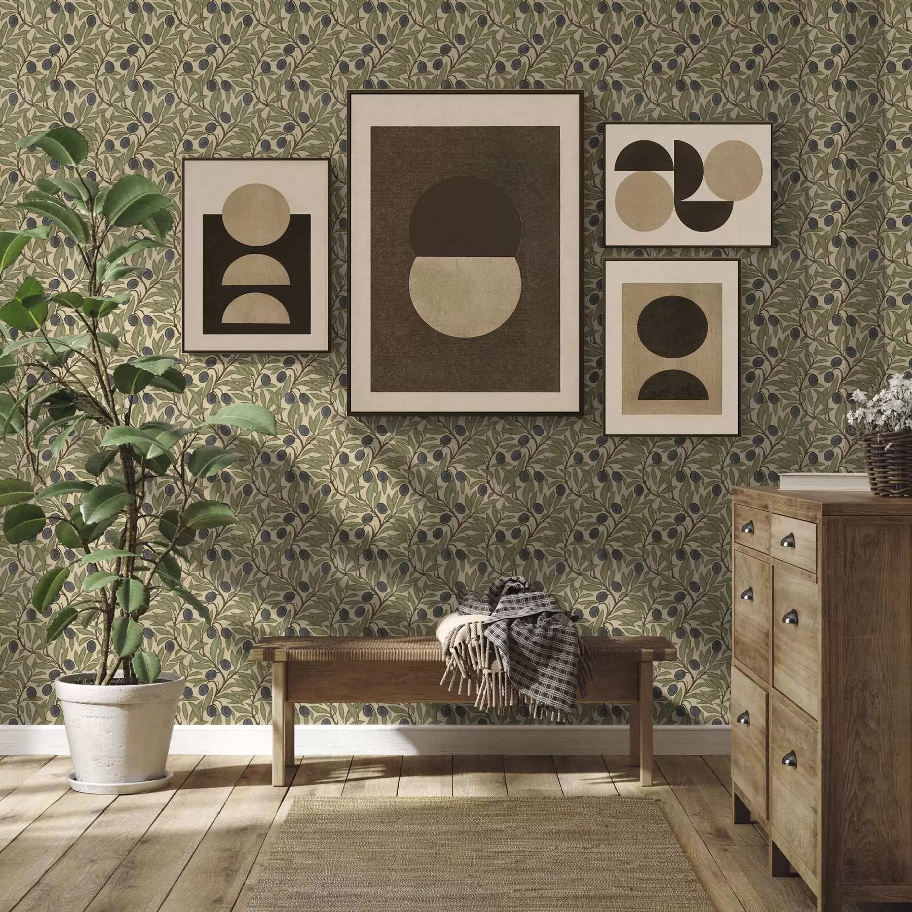 murales Aceitunas en rama en una cálida paleta de olivos a00246