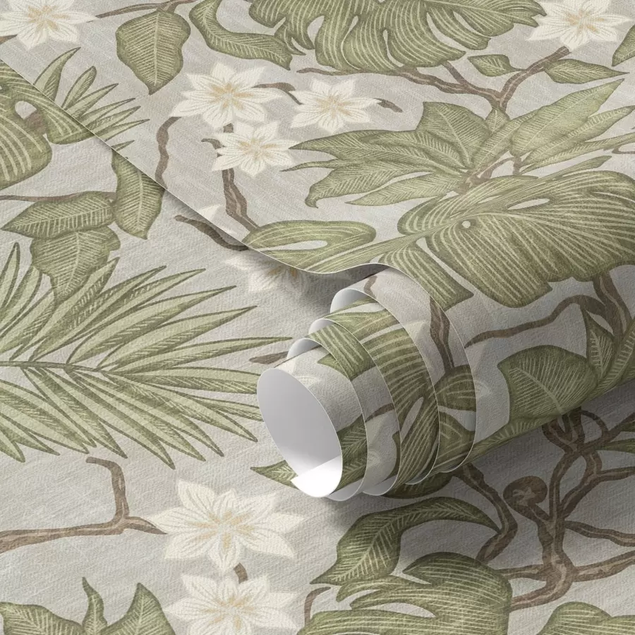 wall murals Tropical monstera leaves and flowers on a gray background a00249