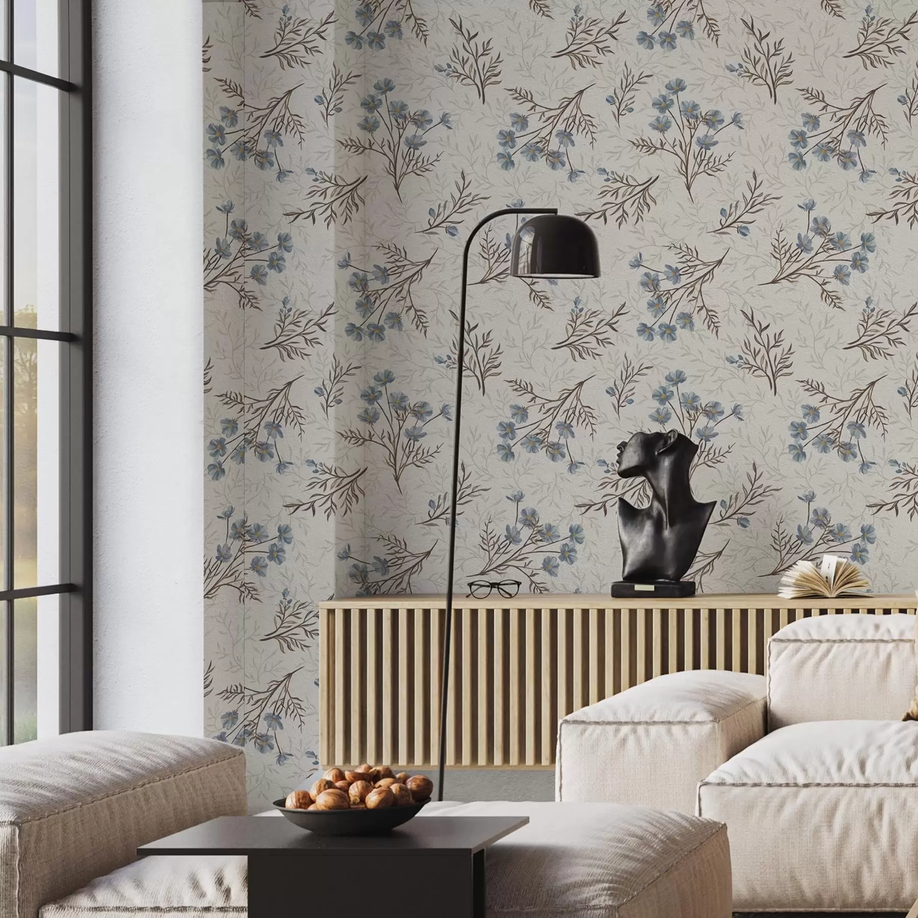 murales Flores azules y ramas claras sobre fondo blanco a00265v1