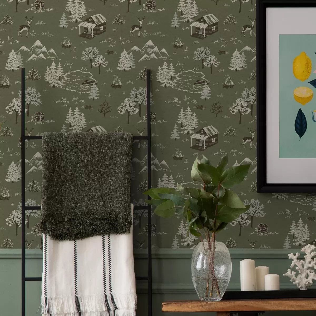 Wallpaper Painted forest with a lake, hut and animals a00267