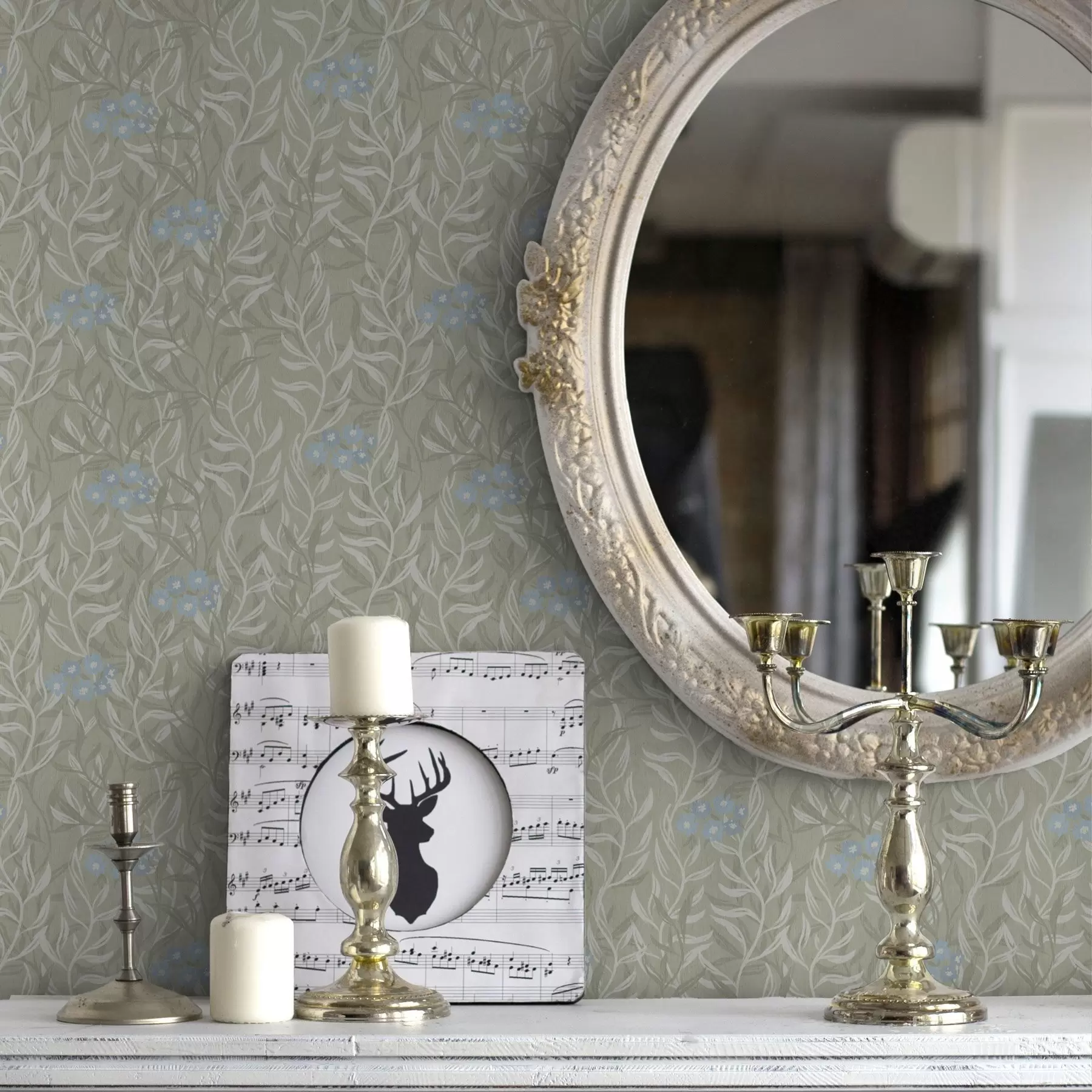 murales Fondo verde con ramas blancas y flores azules a00268v1