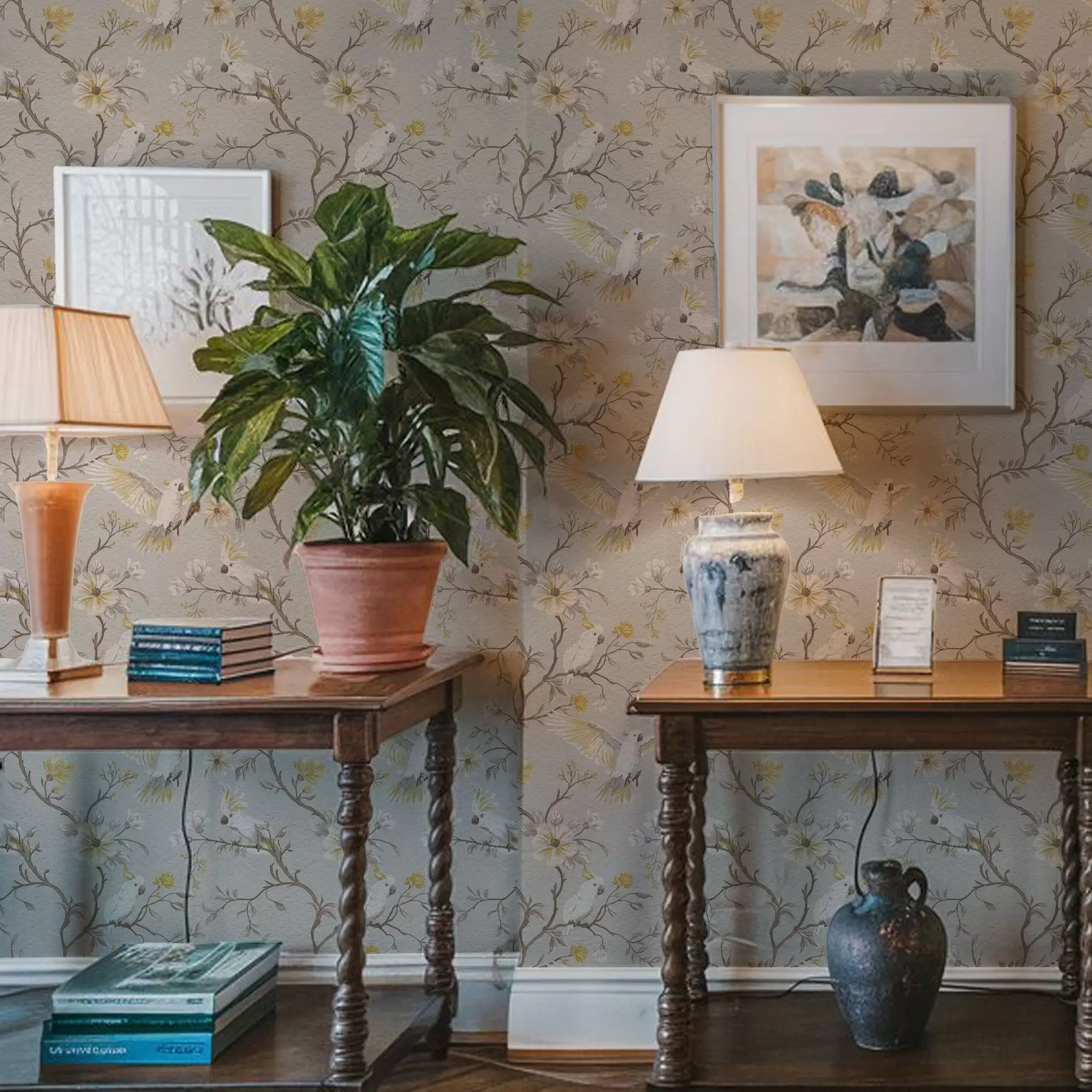 Wall Mural Photo Wallpaper Parrots and yellow flowers on light background a00270