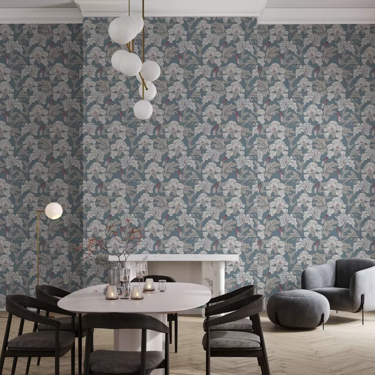 Wallpaper White hibiscus on blue background with contour pattern a00272v1