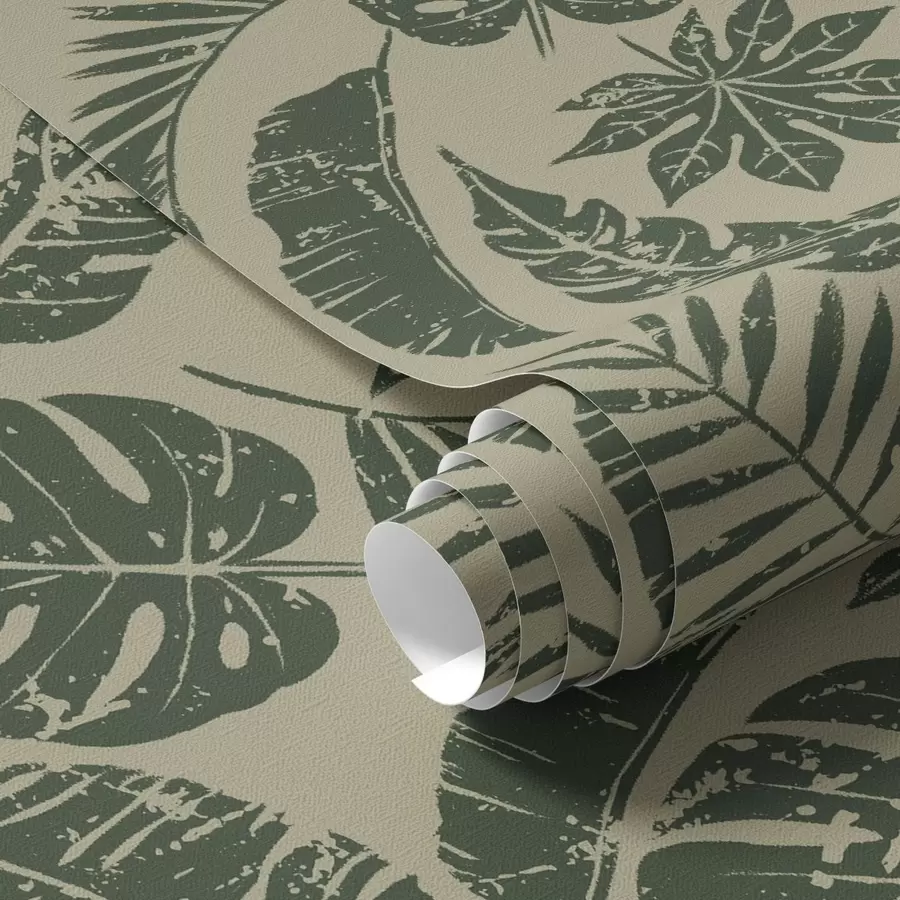 Wall Mural Photo Wallpaper Tropical leaves in linocut style, green on yellow a00274