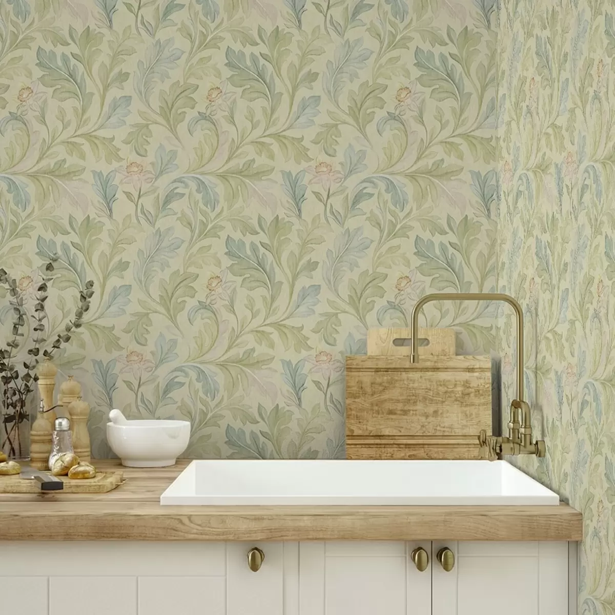 Wallpaper Vintage leaves on yellowish background, soft colors a00277v1