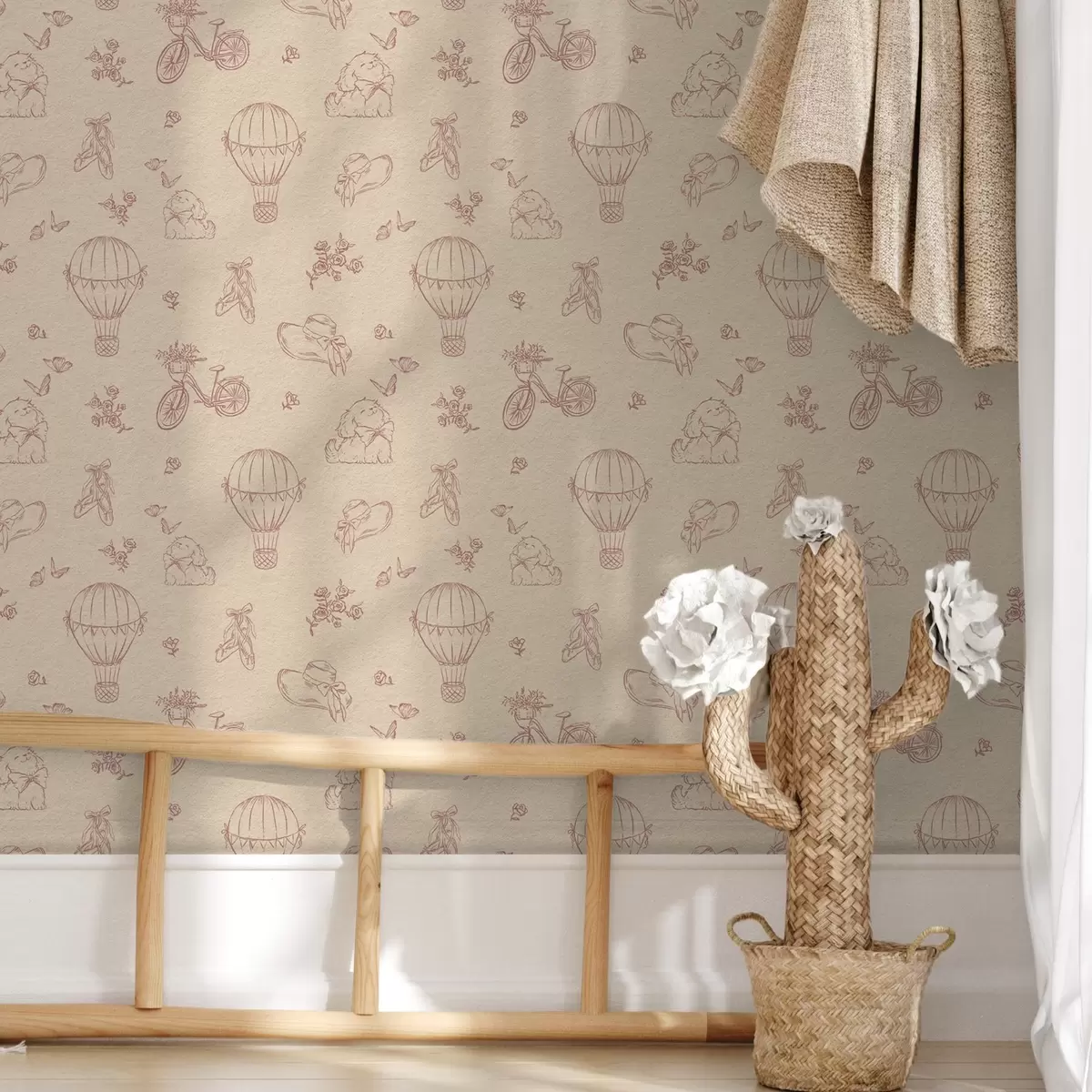 Papel pintado Motivo rosa bebé con perro, flores y aire a00279