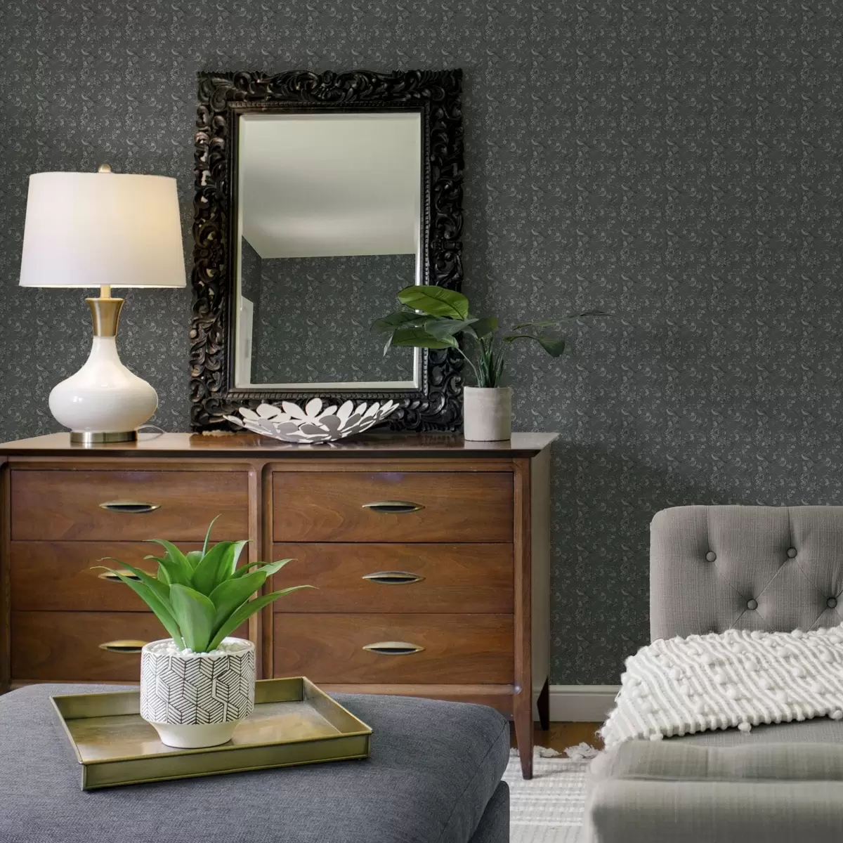 Wallpaper Dark pattern with birds and flowers, classic style a00281