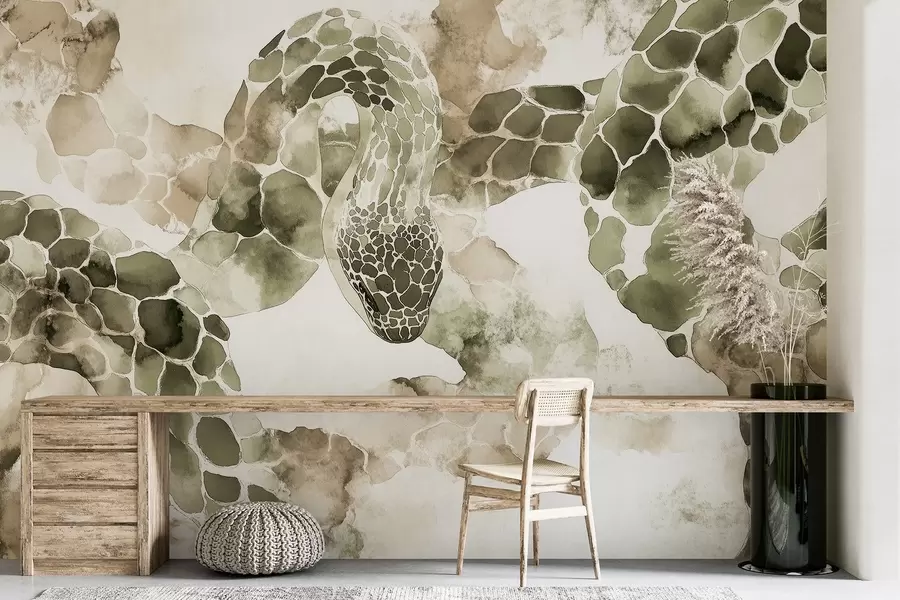 Wall Mural Photo Wallpaper Snake silhouette, watercolor style, olive colors w04113v3