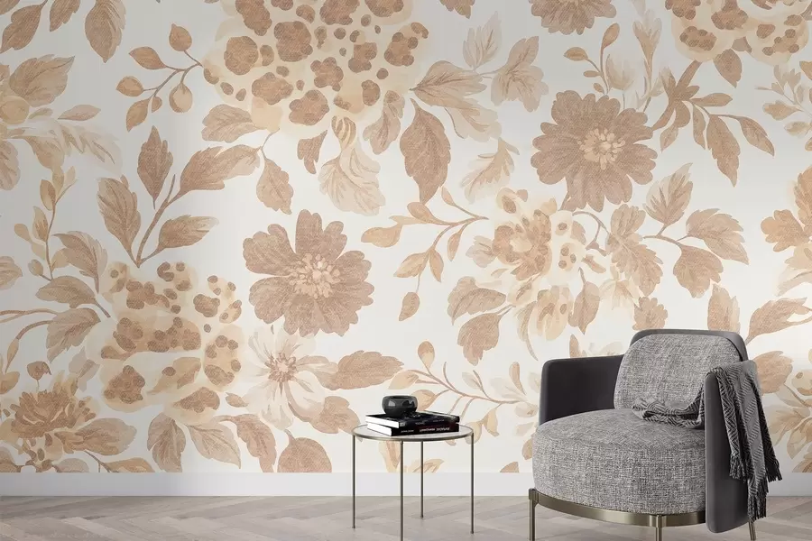 Wall Mural Photo Wallpaper Boho style flowers with leopard print, beige color w04114
