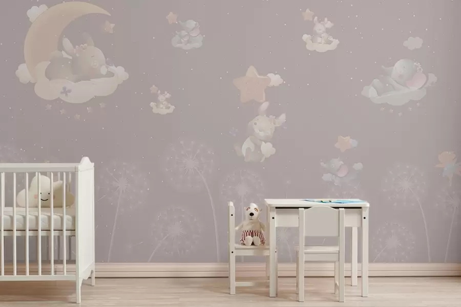 wall murals Fairy tale night with rabbit and dandelions on a pink background w04195v2