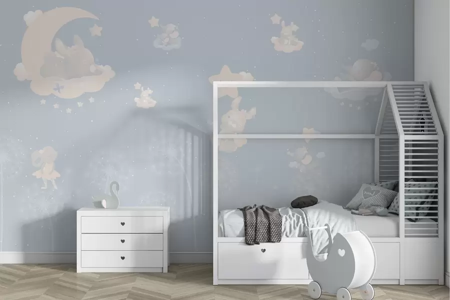 wall murals Nighttime fairy tale with rabbit, stars and pink dandelions w04195v1