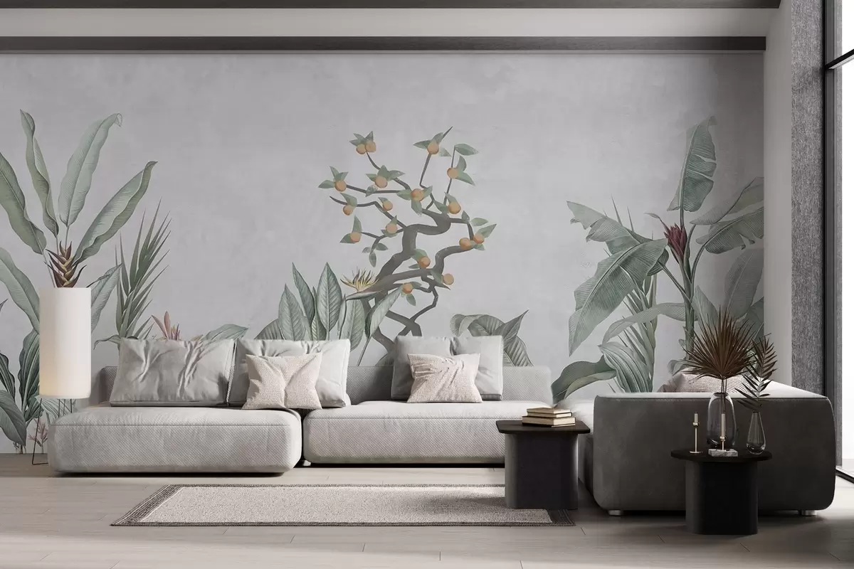 Wall Mural Photo Wallpaper Tropical plants with orange tree on a light background w04201