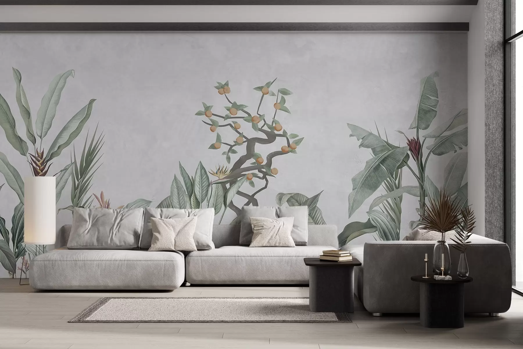 murales Plantas tropicales con naranjo sobre fondo claro w04201