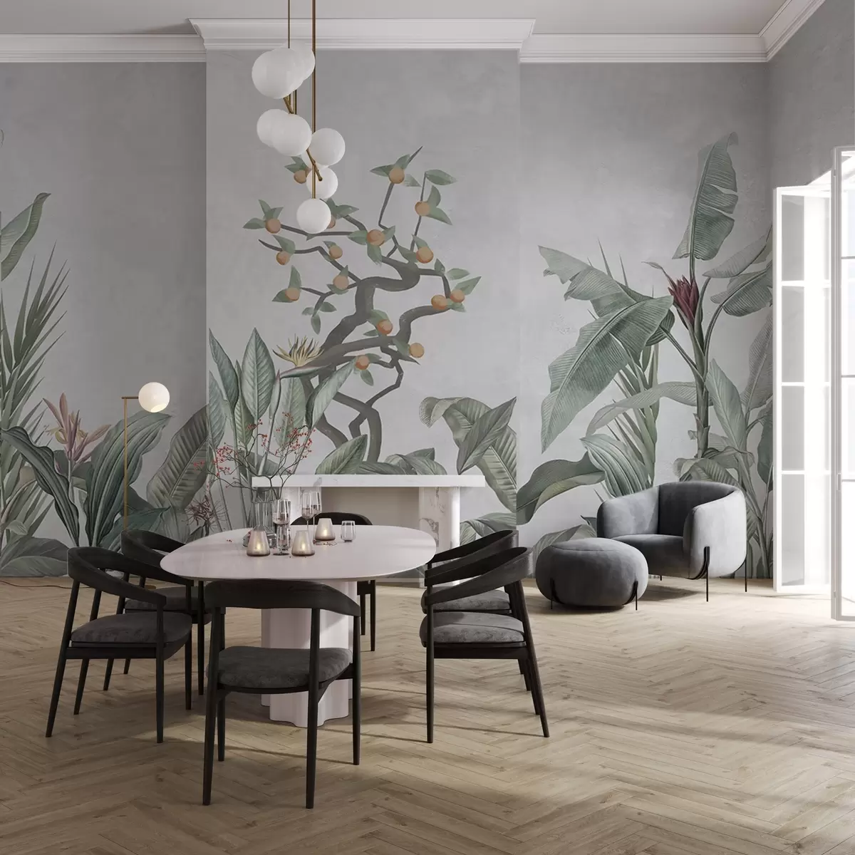 murales Plantas tropicales con naranjo sobre fondo claro w04201