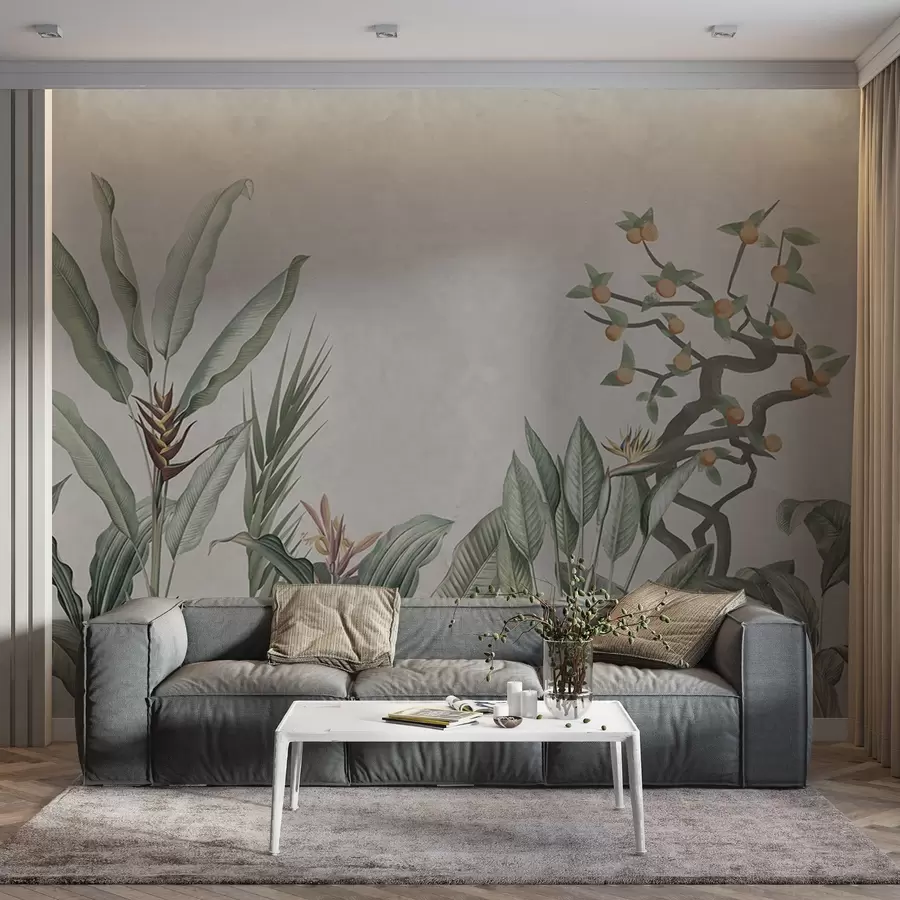 Wall Mural Photo Wallpaper Tropical composition with plants and tree on a grayish background w04201v1