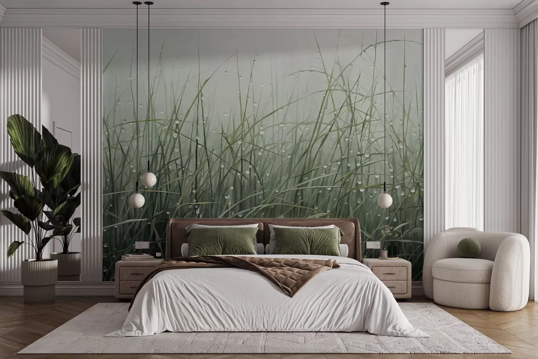 wall murals Grass with water drops, muted green shades, soft light, misty background, abstract minimalist textured style w09217