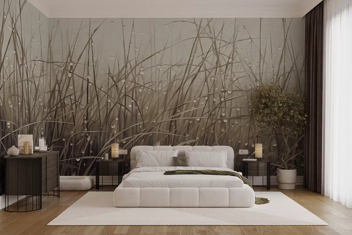 Wall Mural Photo Wallpaper Grass with water drops, muted brown shades, soft light, misty background, abstract minimalist textured style w09217v1