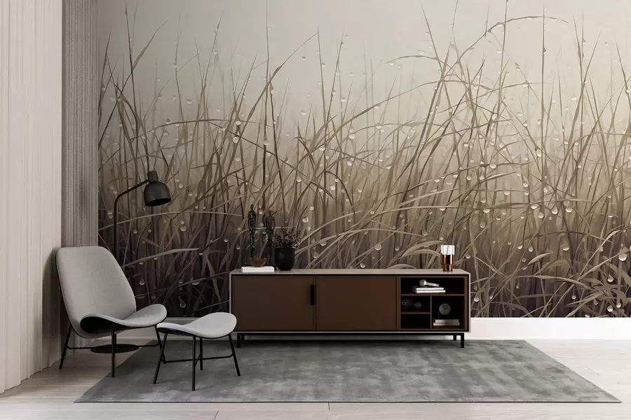peintures murales Herbe avec gouttes d'eau, tons bruns atténués, lumière douce, arrière-plan brumeux, style abstrait minimaliste texturé w09217v1