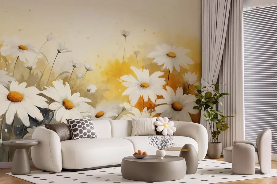 peintures murales Un champ de marguerites blanches avec des centres jaunes, sur un fond jaune et beige doux, style aquarelle w09218