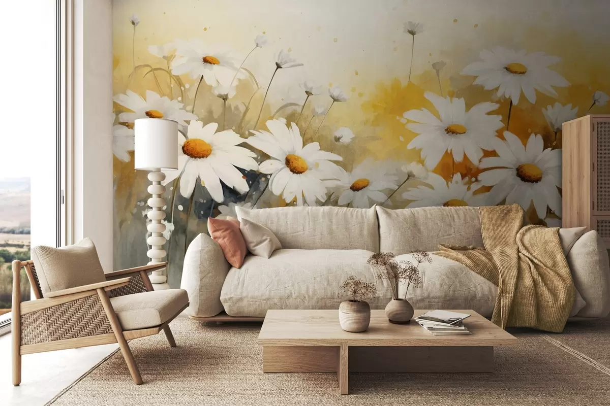 Wall Mural Photo Wallpaper A field of white daisies with yellow centers, against a soft yellow and beige background, watercolor style  w09218