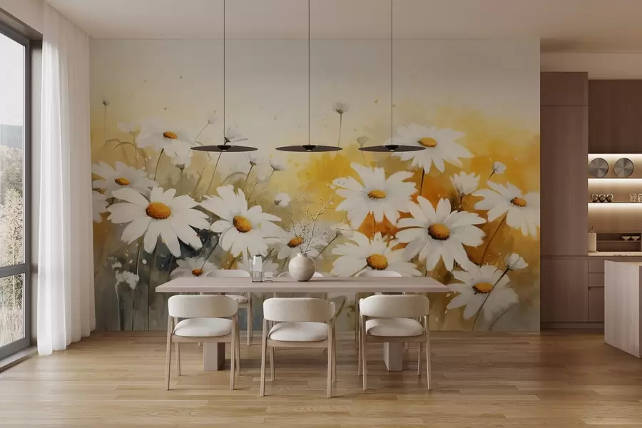 wall murals A field of white daisies with yellow centers, against a soft yellow and beige background, watercolor style w09218